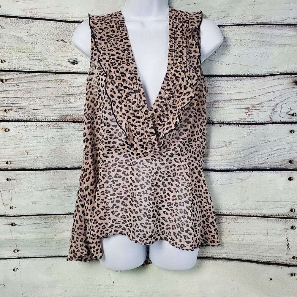 Cabi Women’s Medium Leopard Print Sleeveless Ruffle Blouse Sheer V-Neck Layering